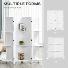HOMCOM 4 Panel 67" Tall Wood Privacy Screen Room Divider with 3 Shelves and Folding Storage for Bedroom, White