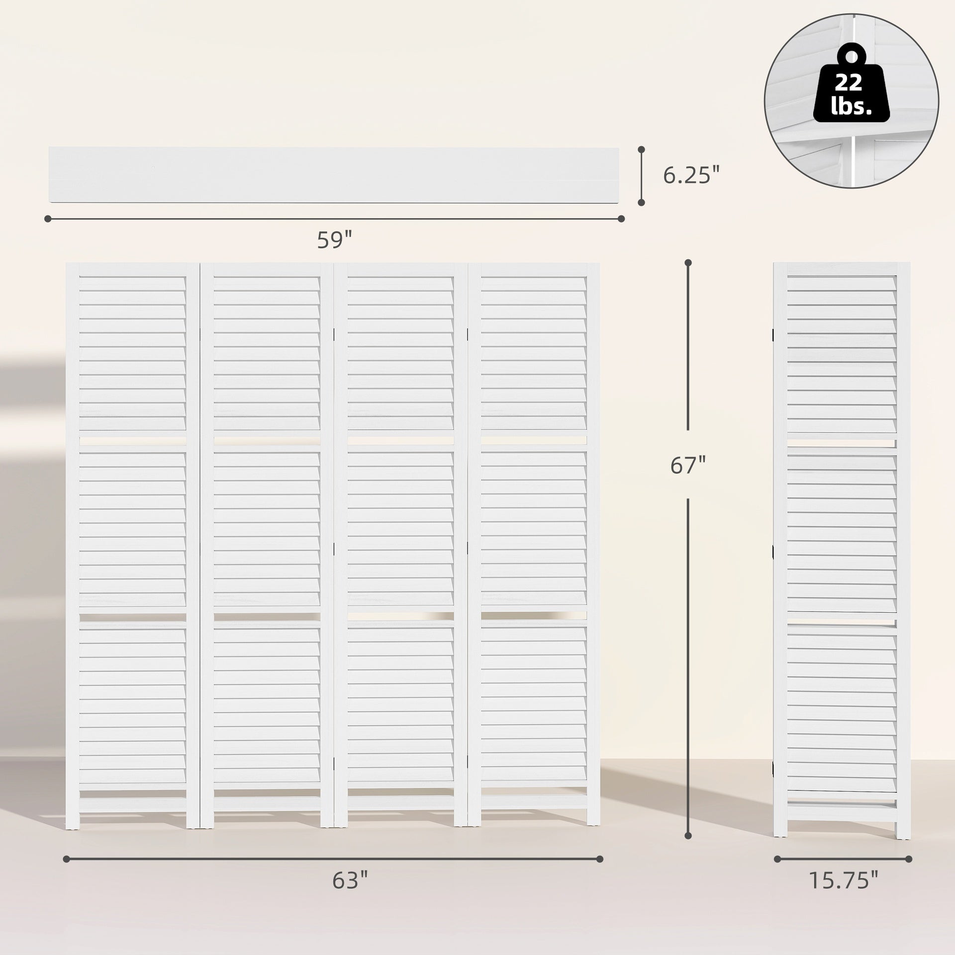 HOMCOM 4 Panel 67" Tall Wood Privacy Screen Room Divider with 3 Shelves and Folding Storage for Bedroom, White