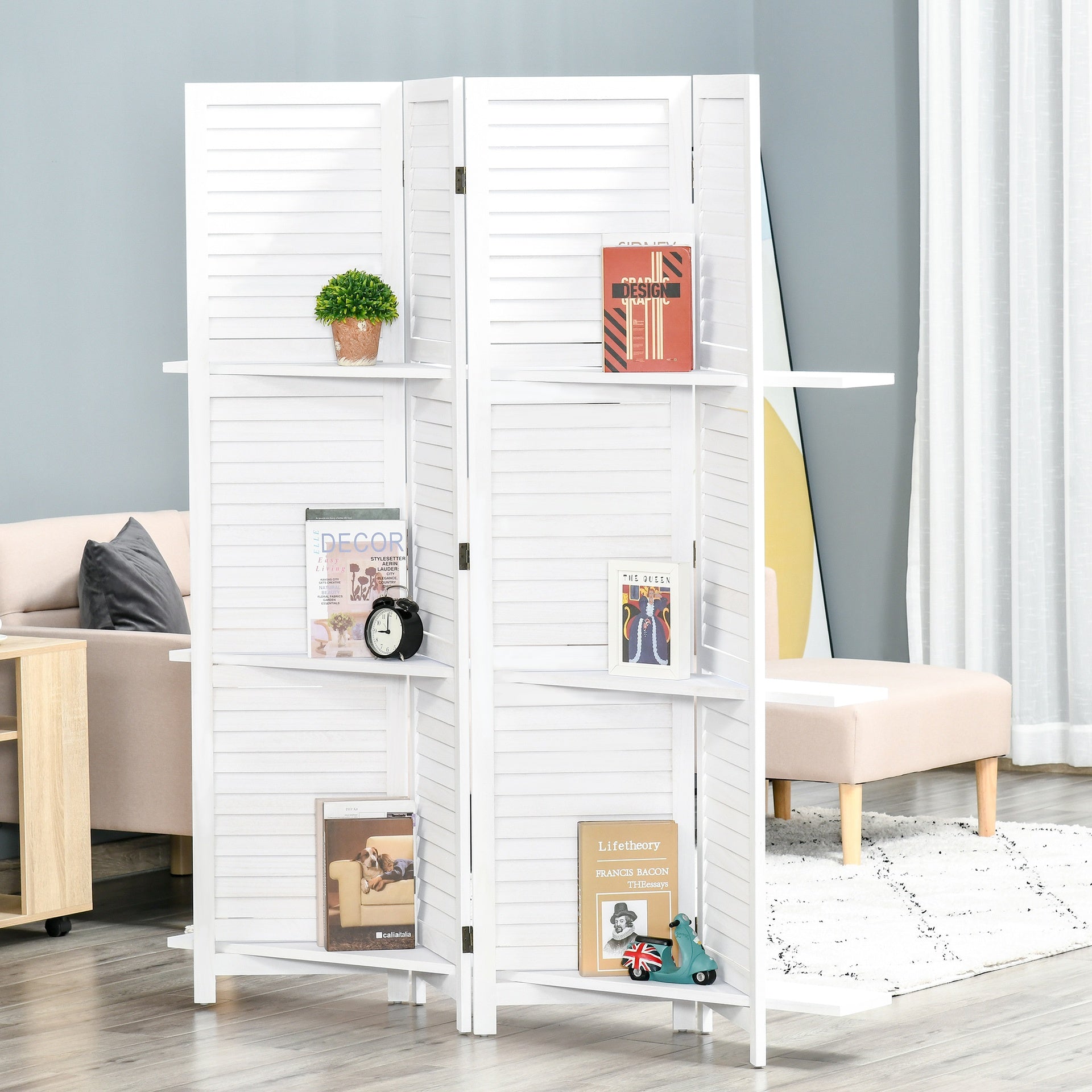 HOMCOM 4 Panel 67" Tall Wood Privacy Screen Room Divider with 3 Shelves and Folding Storage for Bedroom, White