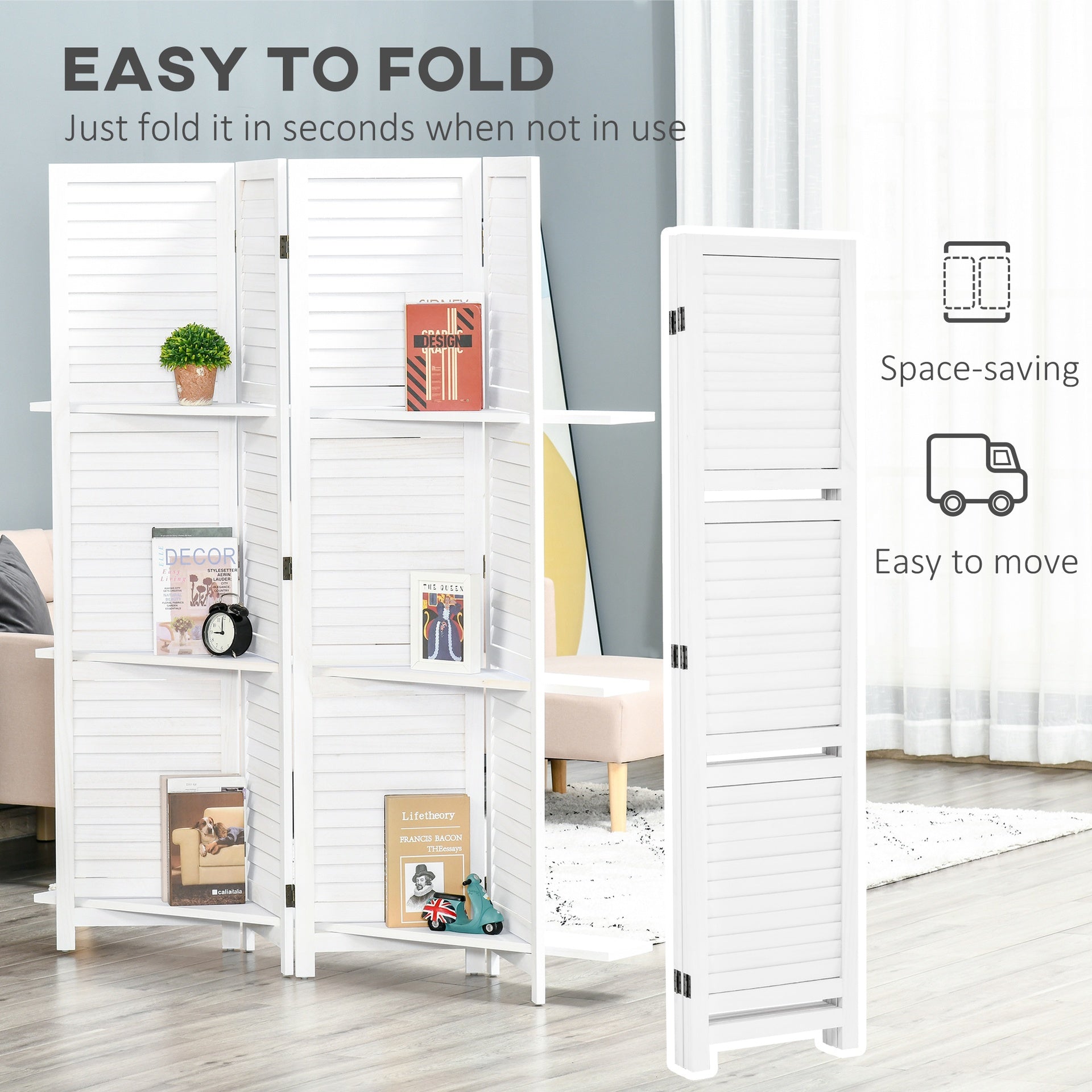 HOMCOM 4 Panel 67" Tall Wood Privacy Screen Room Divider with 3 Shelves and Folding Storage for Bedroom, White