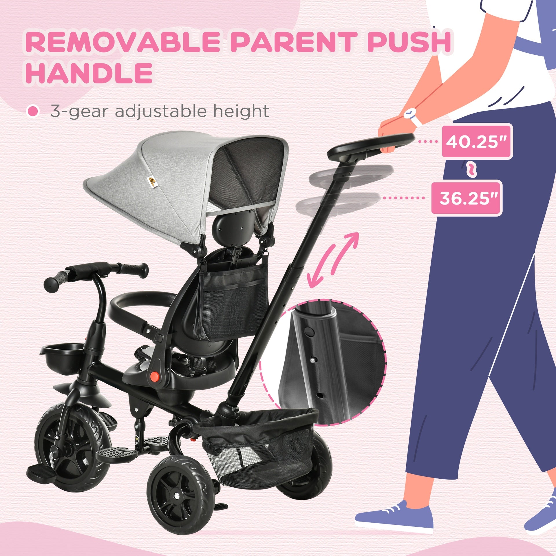Qaba Kids Tricycle, 4 in 1 Foldable Trike with Reversible Seat, Adjustable Parent Handle, Safety Harness, Wheel Brakes, Removable Canopy, Storage, Tricycle for Toddlers 1-5 Years, Gray
