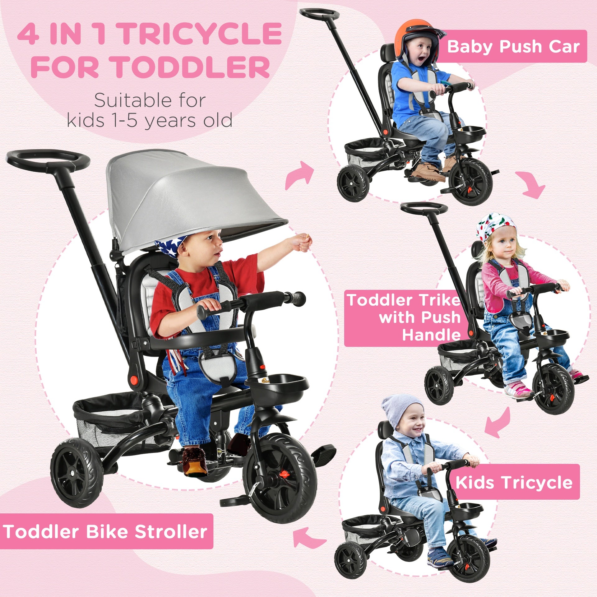 Qaba Kids Tricycle, 4 in 1 Foldable Trike with Reversible Seat, Adjustable Parent Handle, Safety Harness, Wheel Brakes, Removable Canopy, Storage, Tricycle for Toddlers 1-5 Years, Gray