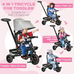 Qaba Kids Tricycle, 4 in 1 Foldable Trike with Reversible Seat, Adjustable Parent Handle, Safety Harness, Wheel Brakes, Removable Canopy, Storage, Tricycle for Toddlers 1-5 Years, Gray
