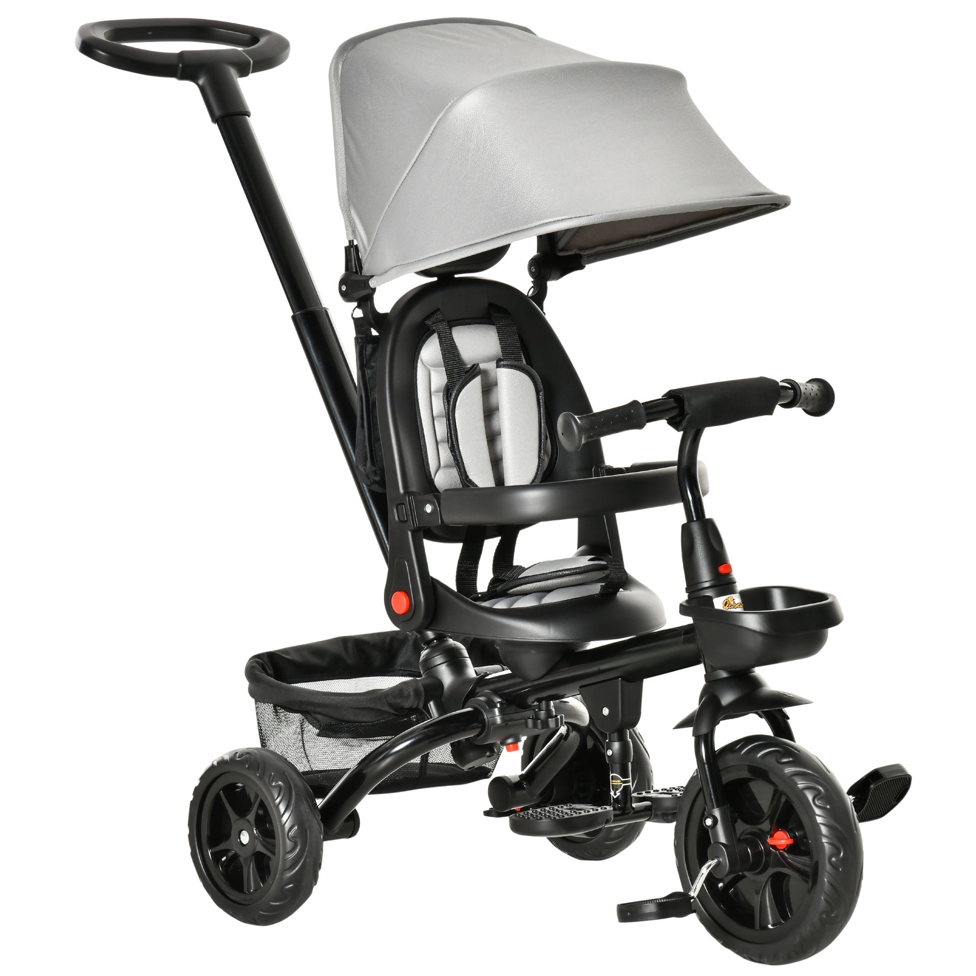 Qaba Kids Tricycle, 4 in 1 Foldable Trike with Reversible Seat, Adjustable Parent Handle, Safety Harness, Wheel Brakes, Removable Canopy, Storage, Tricycle for Toddlers 1-5 Years, Gray