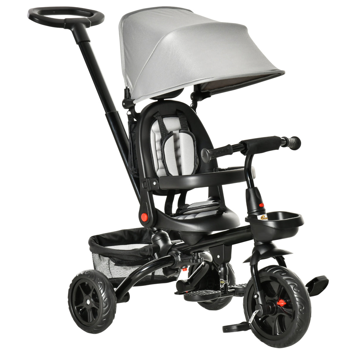 Qaba Kids Tricycle, 4 in 1 Foldable Trike with Reversible Seat, Adjustable Parent Handle, Safety Harness, Wheel Brakes, Removable Canopy, Storage, Tricycle for Toddlers 1-5 Years, Gray