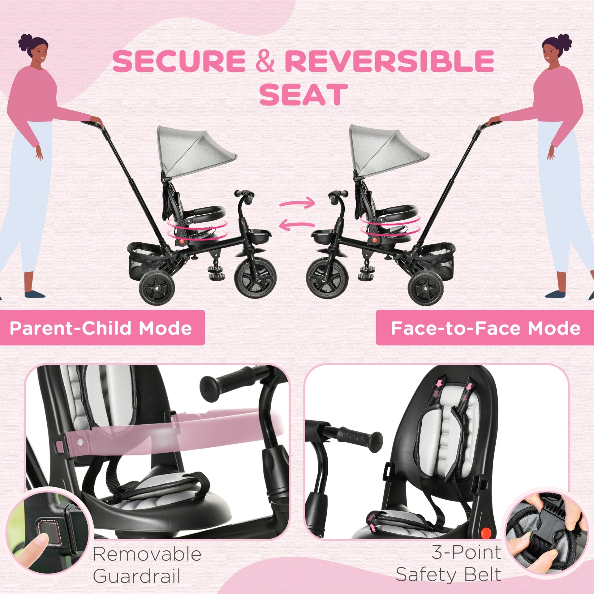 Qaba Kids Tricycle, 4 in 1 Foldable Trike with Reversible Seat, Adjustable Parent Handle, Safety Harness, Wheel Brakes, Removable Canopy, Storage, Tricycle for Toddlers 1-5 Years, Gray
