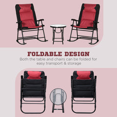 Outsunny 3 Piece Outdoor Patio Furniture Set with Glass Coffee Table & 2 Folding Padded Rocking Chairs, Bistro Style for Porch, Camping, Balcony, Red