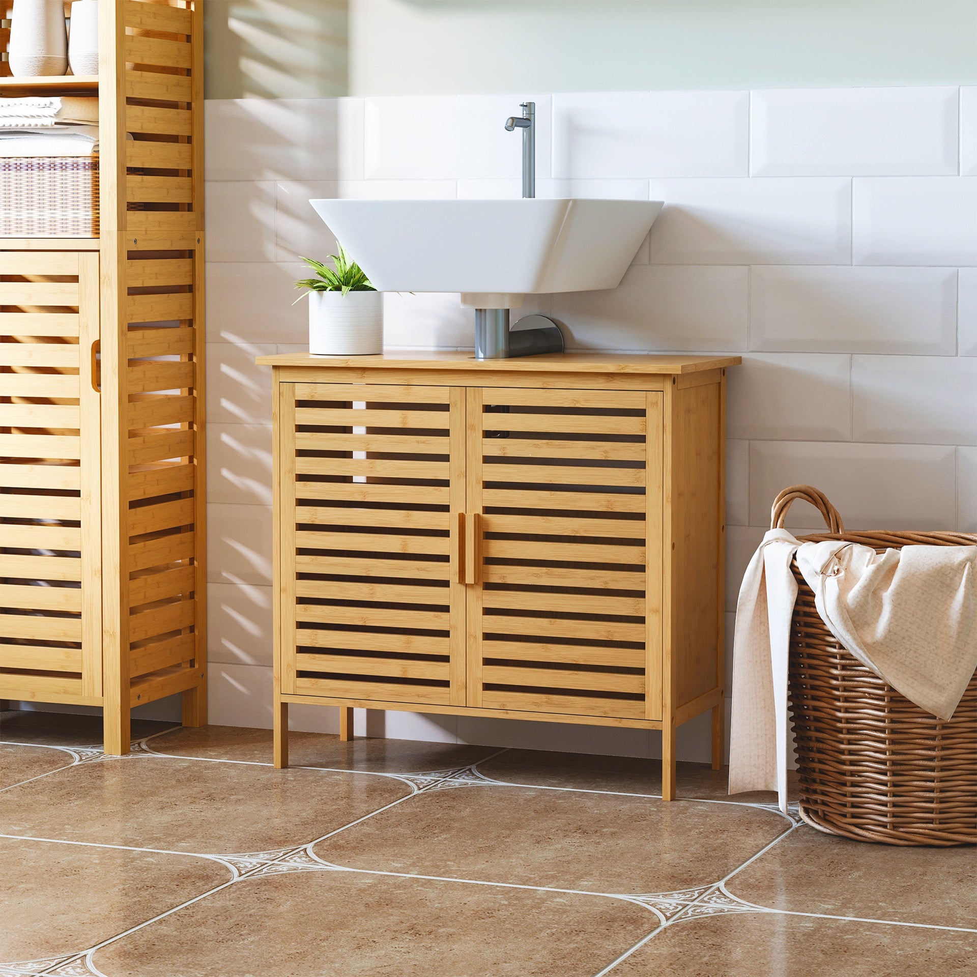 kleankin Freestanding Bathroom Sink Cabinet, Bamboo Under Sink Cabinet Cupboard Organizer with 2 Slatted Doors, Natural