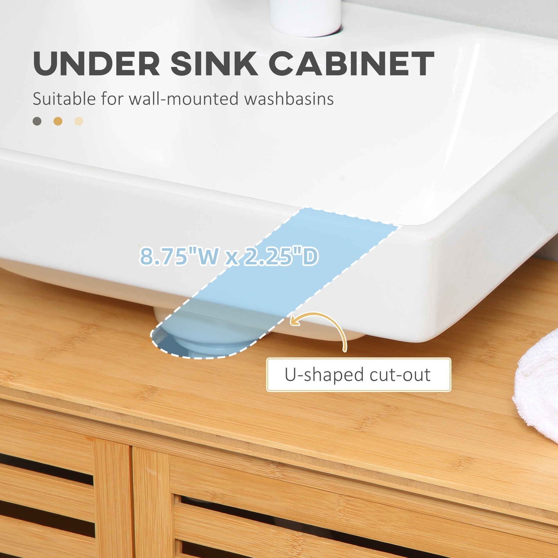kleankin Freestanding Bathroom Sink Cabinet, Bamboo Under Sink Cabinet Cupboard Organizer with 2 Slatted Doors, Natural