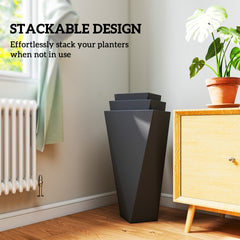 Outsunny Indoor Outdoor Planters Set of 3 MgO Tall Planters Stackable Flower Pots with Drainage Holes for Garden, Balcony, Black