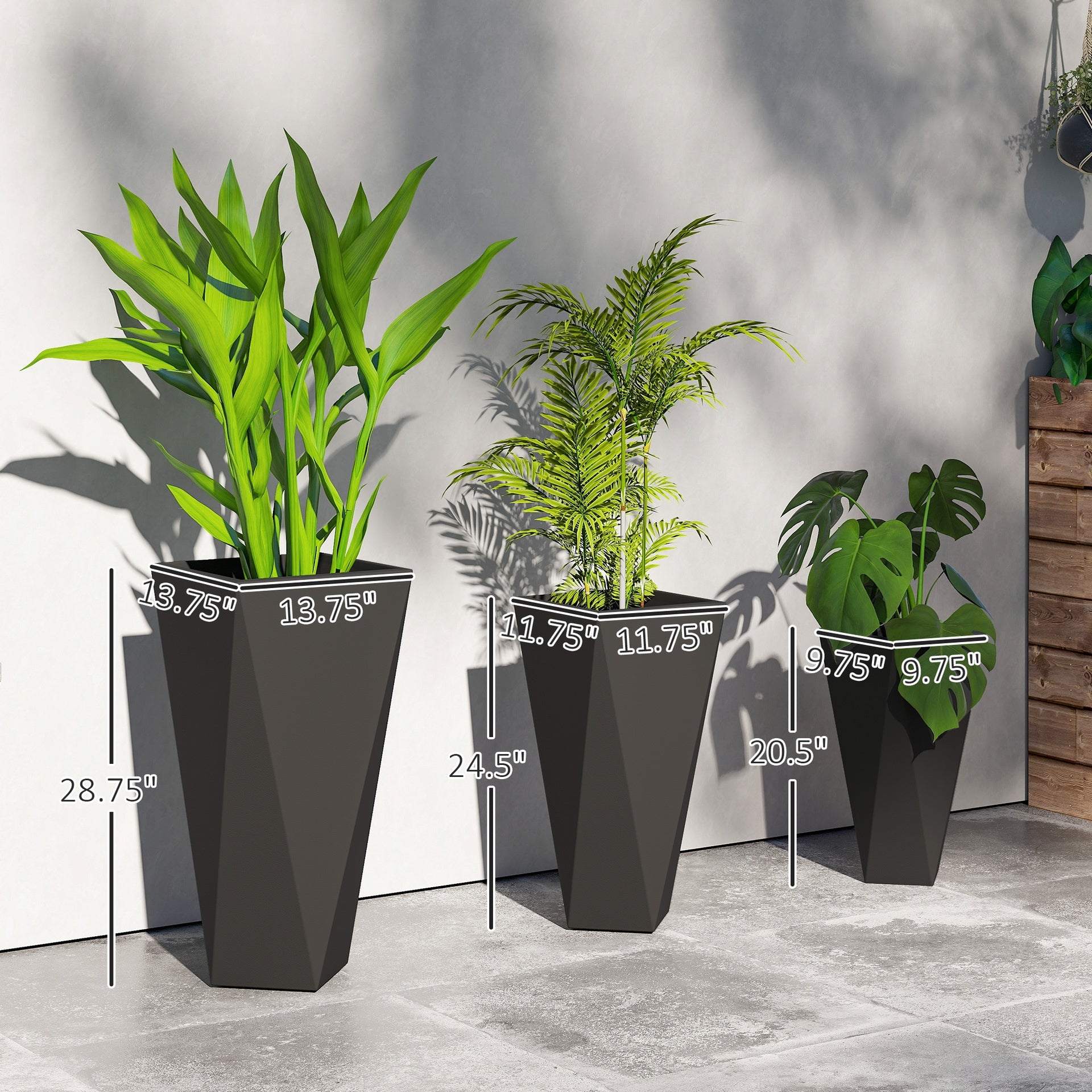 Outsunny Indoor Outdoor Planters Set of 3 MgO Tall Planters Stackable Flower Pots with Drainage Holes for Garden, Balcony, Black