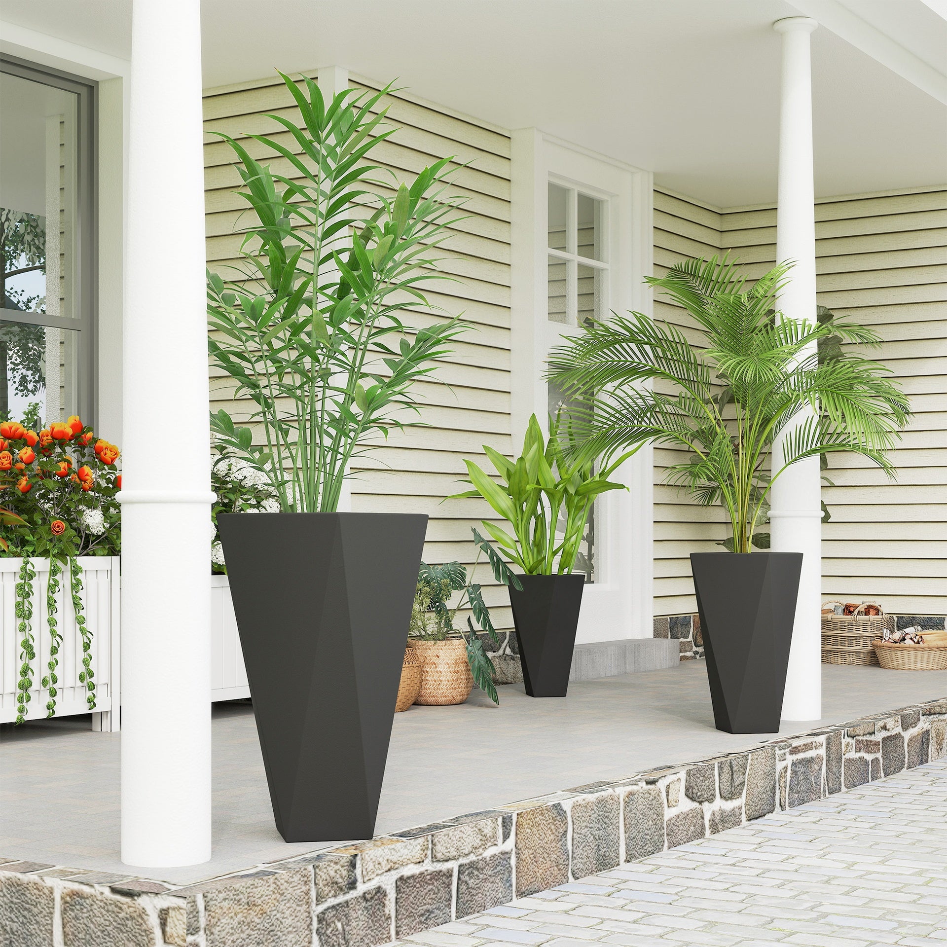Outsunny Indoor Outdoor Planters Set of 3 MgO Tall Planters Stackable Flower Pots with Drainage Holes for Garden, Balcony, Black