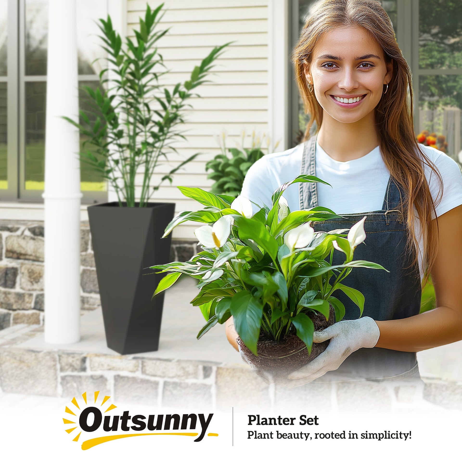 Outsunny Indoor Outdoor Planters Set of 3 MgO Tall Planters Stackable Flower Pots with Drainage Holes for Garden, Balcony, Black