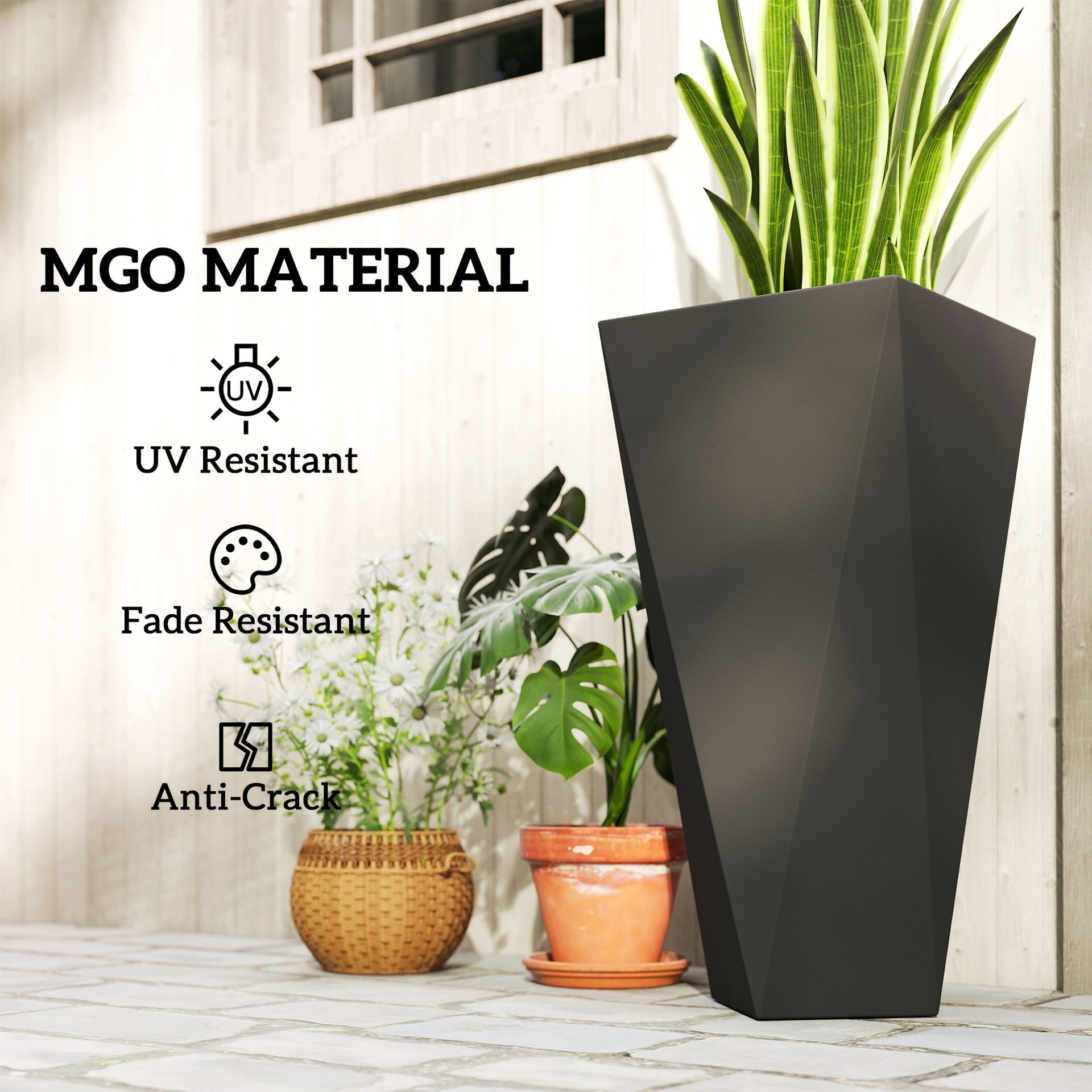 Outsunny Indoor Outdoor Planters Set of 3 MgO Tall Planters Stackable Flower Pots with Drainage Holes for Garden, Balcony, Black