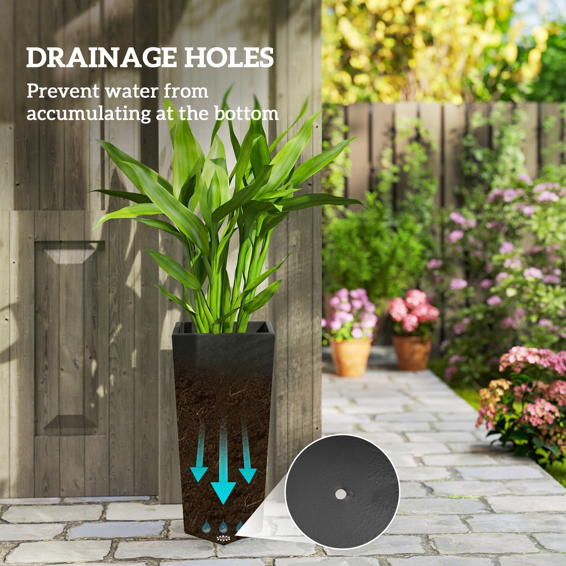 Outsunny Indoor Outdoor Planters Set of 3 MgO Tall Planters Stackable Flower Pots with Drainage Holes for Garden, Balcony, Black