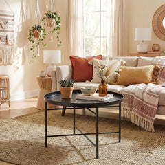 HOMCOM Coffee Table for Living Room, 24" Round Center Table with Hammered Tray Top and Metal Frame for Bedroom, Black