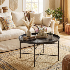 HOMCOM Coffee Table for Living Room, 24" Round Center Table with Hammered Tray Top and Metal Frame for Bedroom, Black