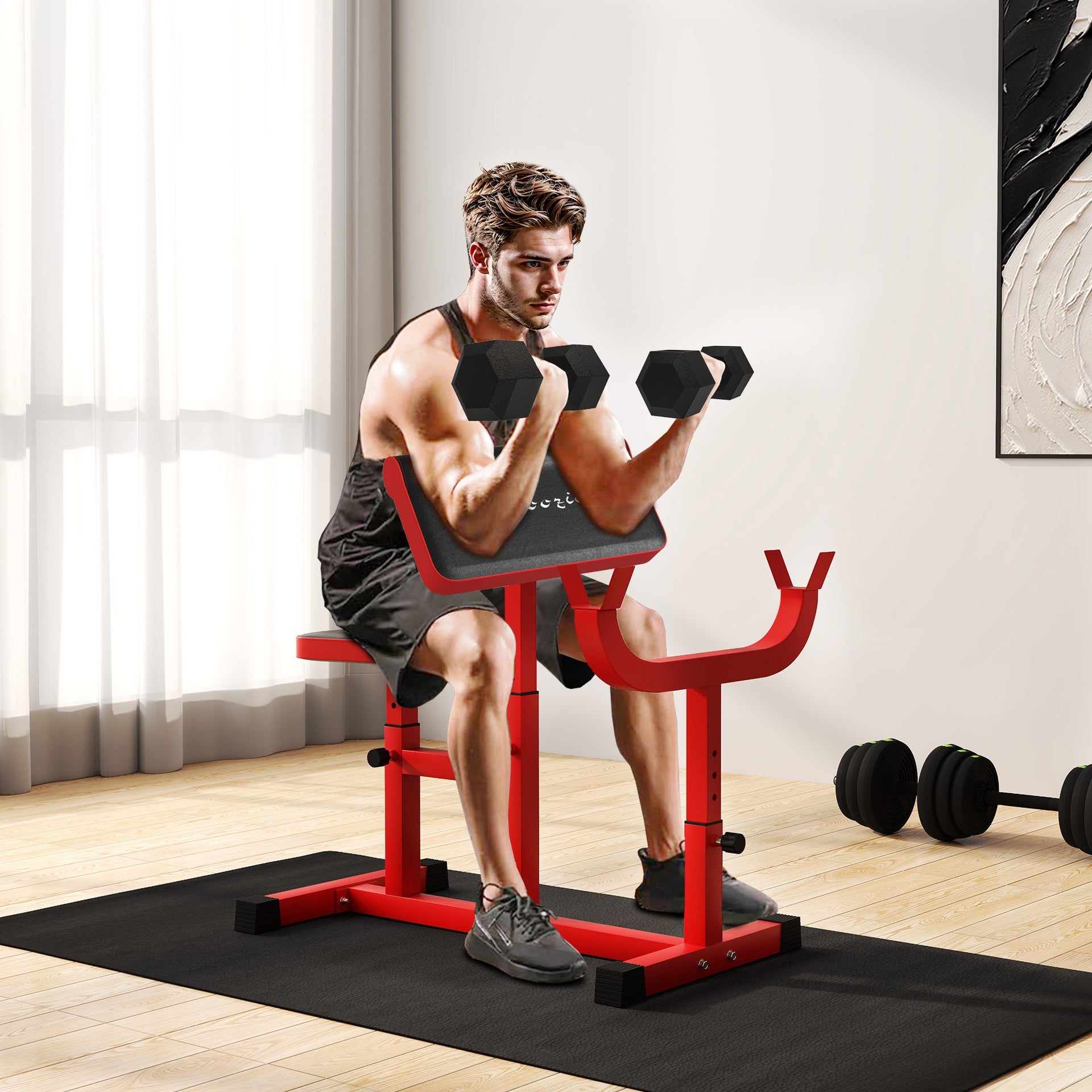 Soozier 265 LBS Preacher Curl Bench for Strength Training, Adjustable Seated Arm Isolated Barbell Dumbbell Bicep Station, Red