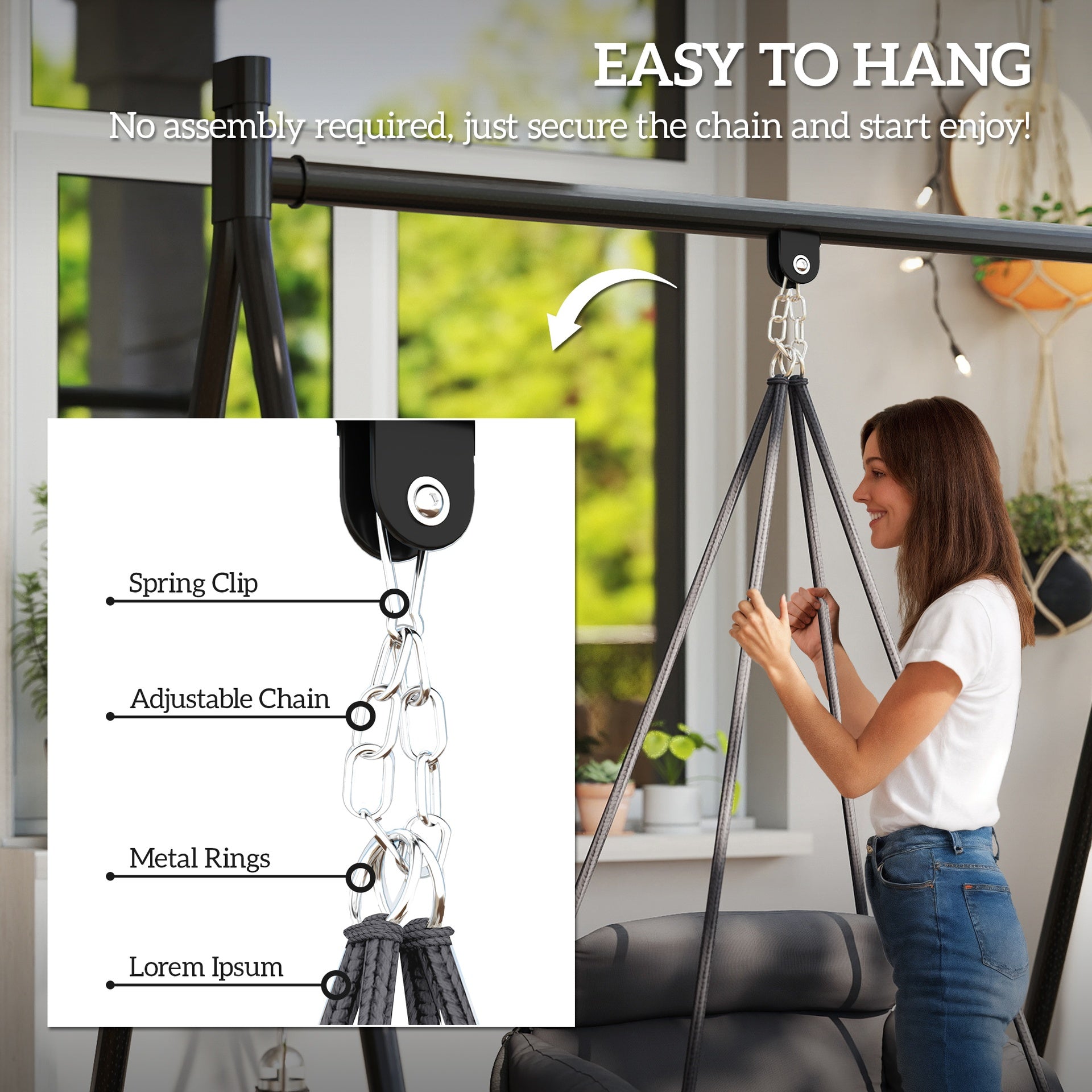Outsunny Hammock Swing Chair, Macrame Hanging Chair with Large Cushion, Chain, Steel Frame for Indoor Outdoor Use, Dark Gray