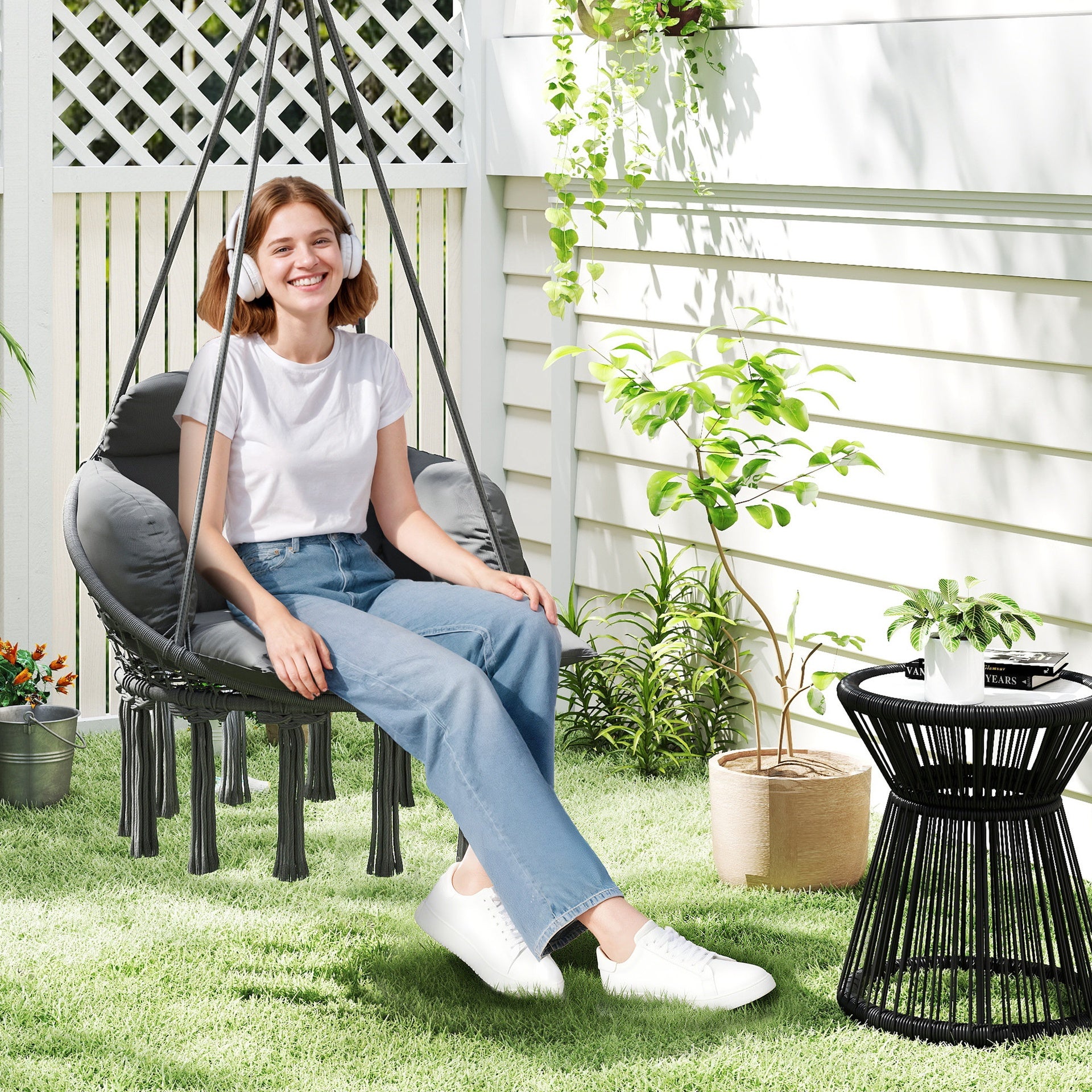 Outsunny Hammock Swing Chair, Macrame Hanging Chair with Large Cushion, Chain, Steel Frame for Indoor Outdoor Use, Dark Gray