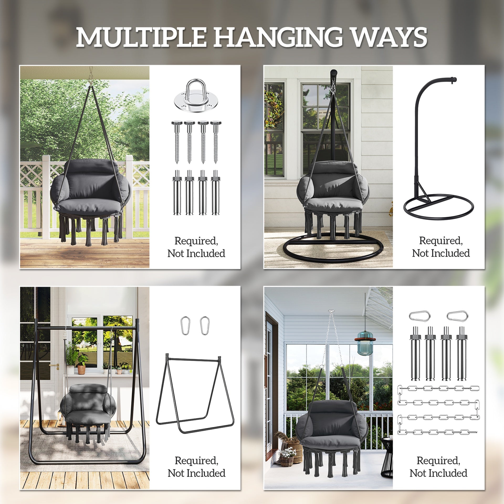 Outsunny Hammock Swing Chair, Macrame Hanging Chair with Large Cushion, Chain, Steel Frame for Indoor Outdoor Use, Dark Gray