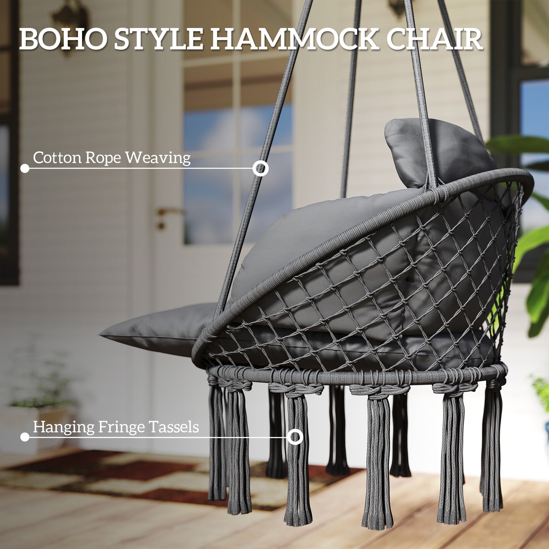 Outsunny Hammock Swing Chair, Macrame Hanging Chair with Large Cushion, Chain, Steel Frame for Indoor Outdoor Use, Dark Gray