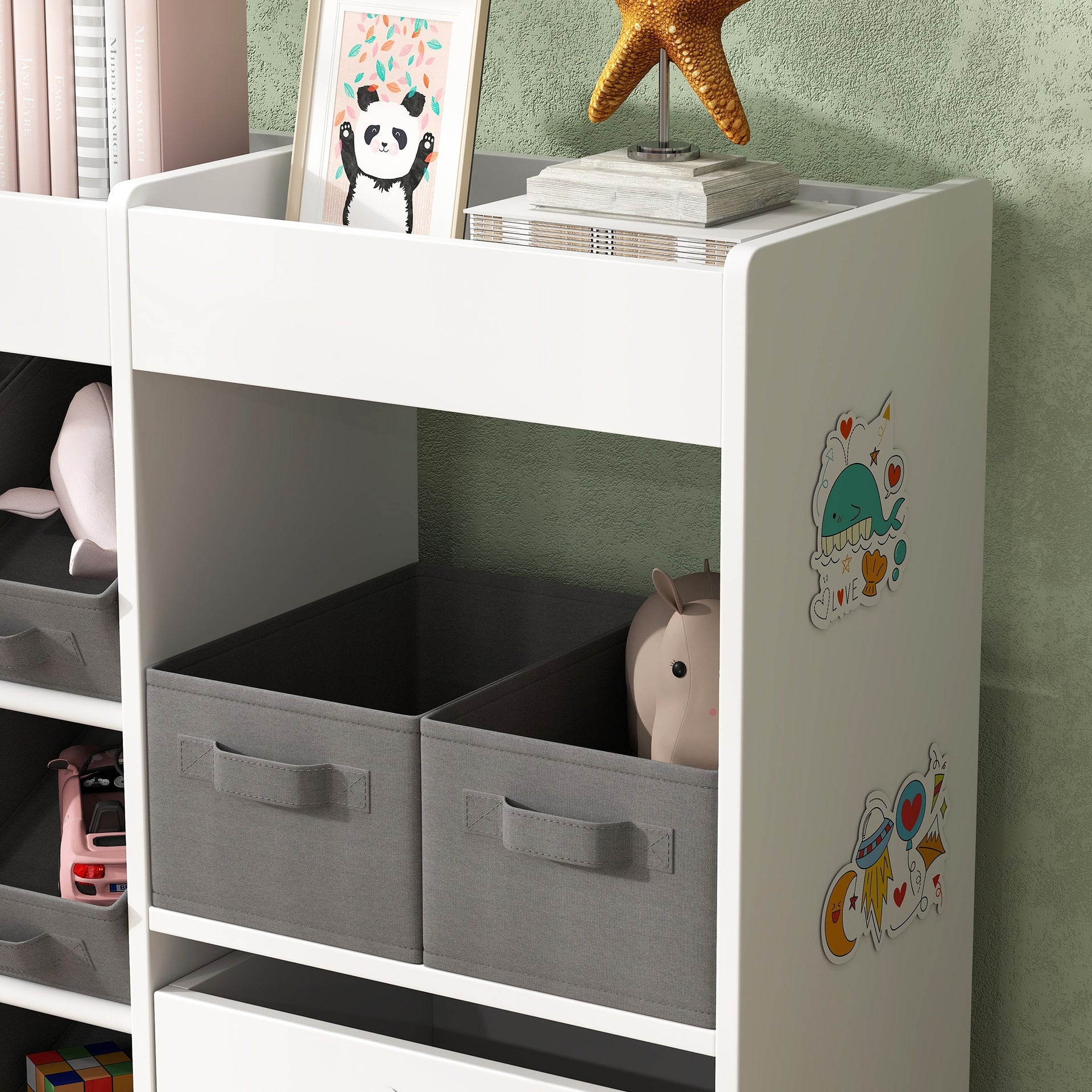 Qaba Kids Toy Storage Organizer with 11 Bins, Moveable Cabinet, Top Shelves, 3 Stickers, for Nursery, Playroom, White