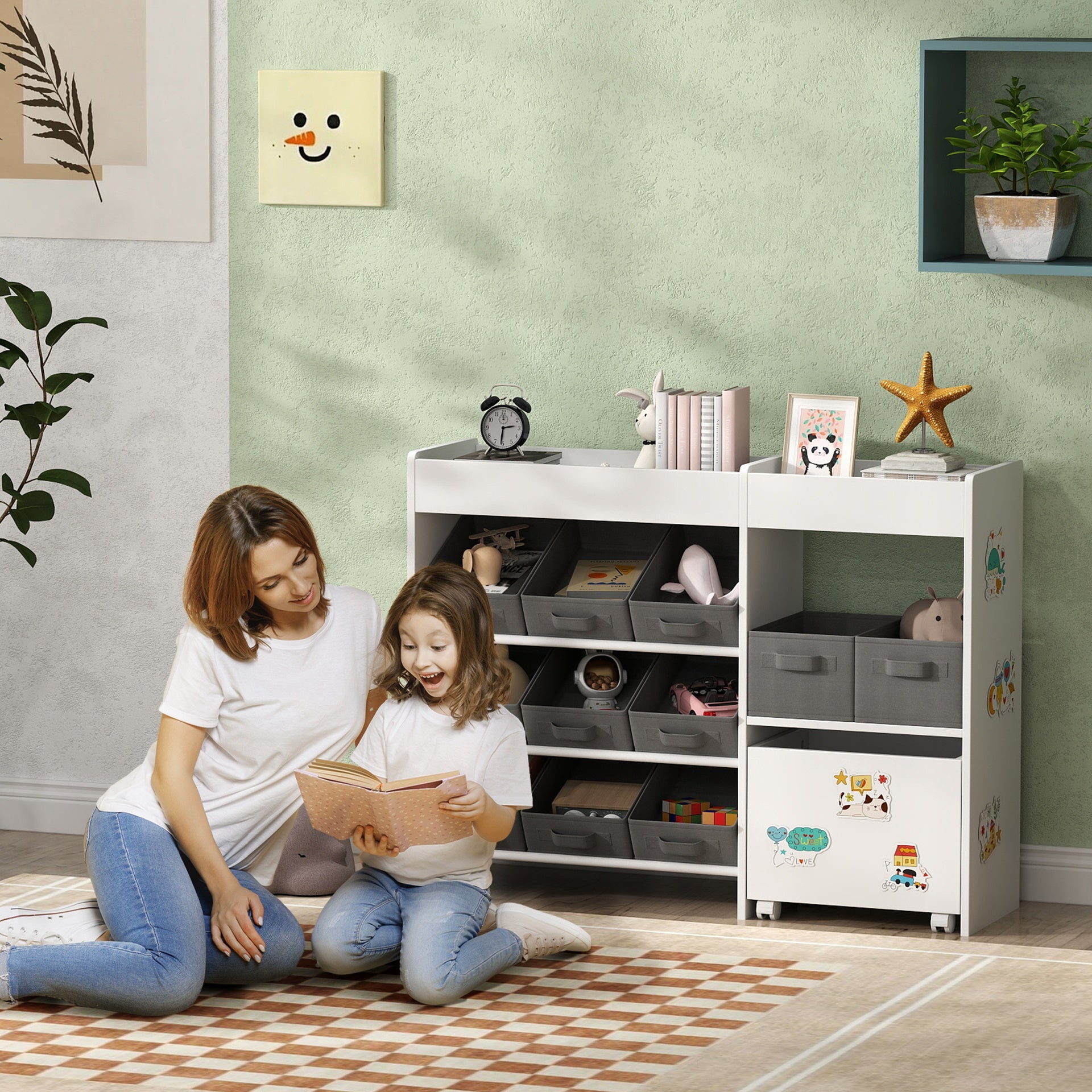 Qaba Kids Toy Storage Organizer with 11 Bins, Moveable Cabinet, Top Shelves, 3 Stickers, for Nursery, Playroom, White