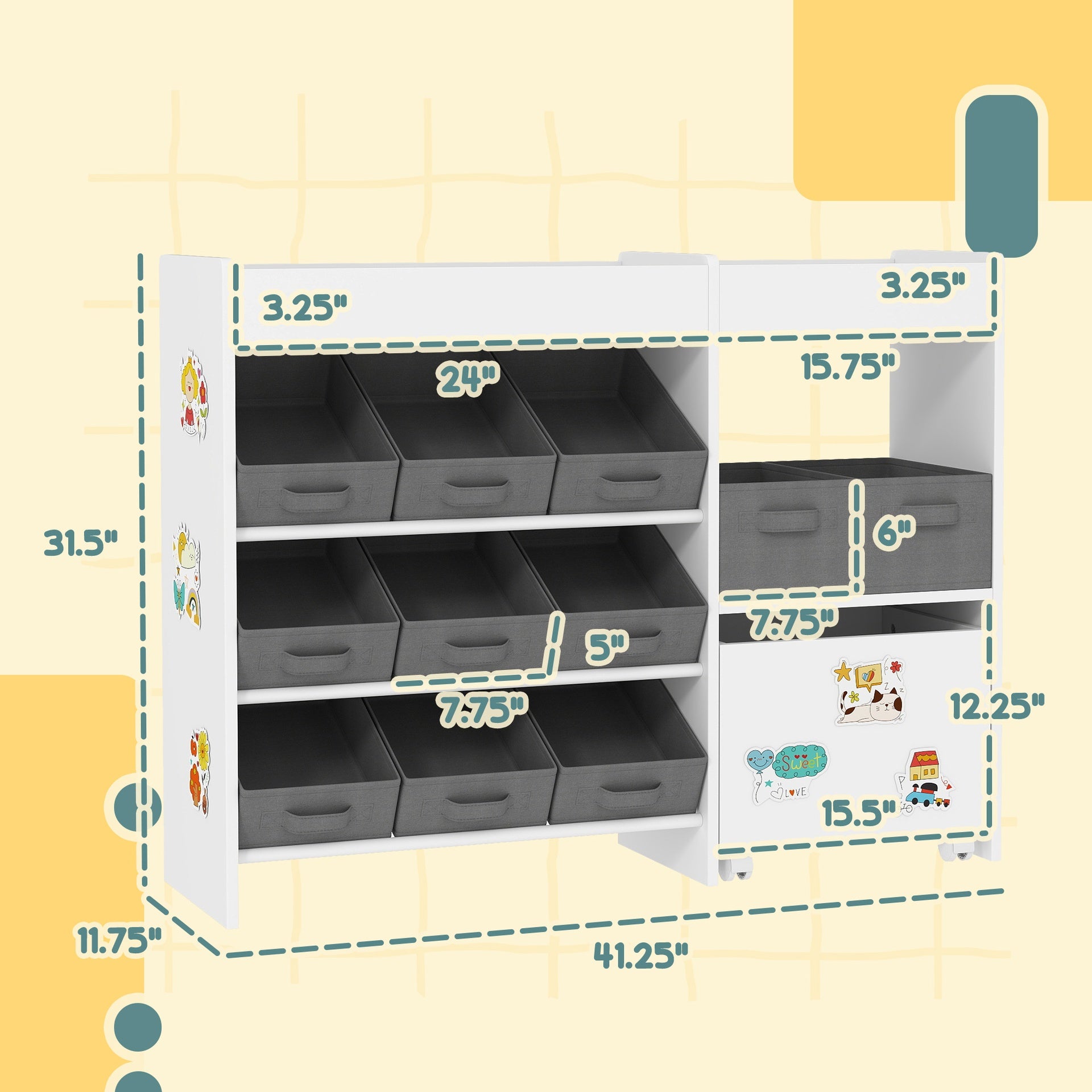 Qaba Kids Toy Storage Organizer with 11 Bins, Moveable Cabinet, Top Shelves, 3 Stickers, for Nursery, Playroom, White