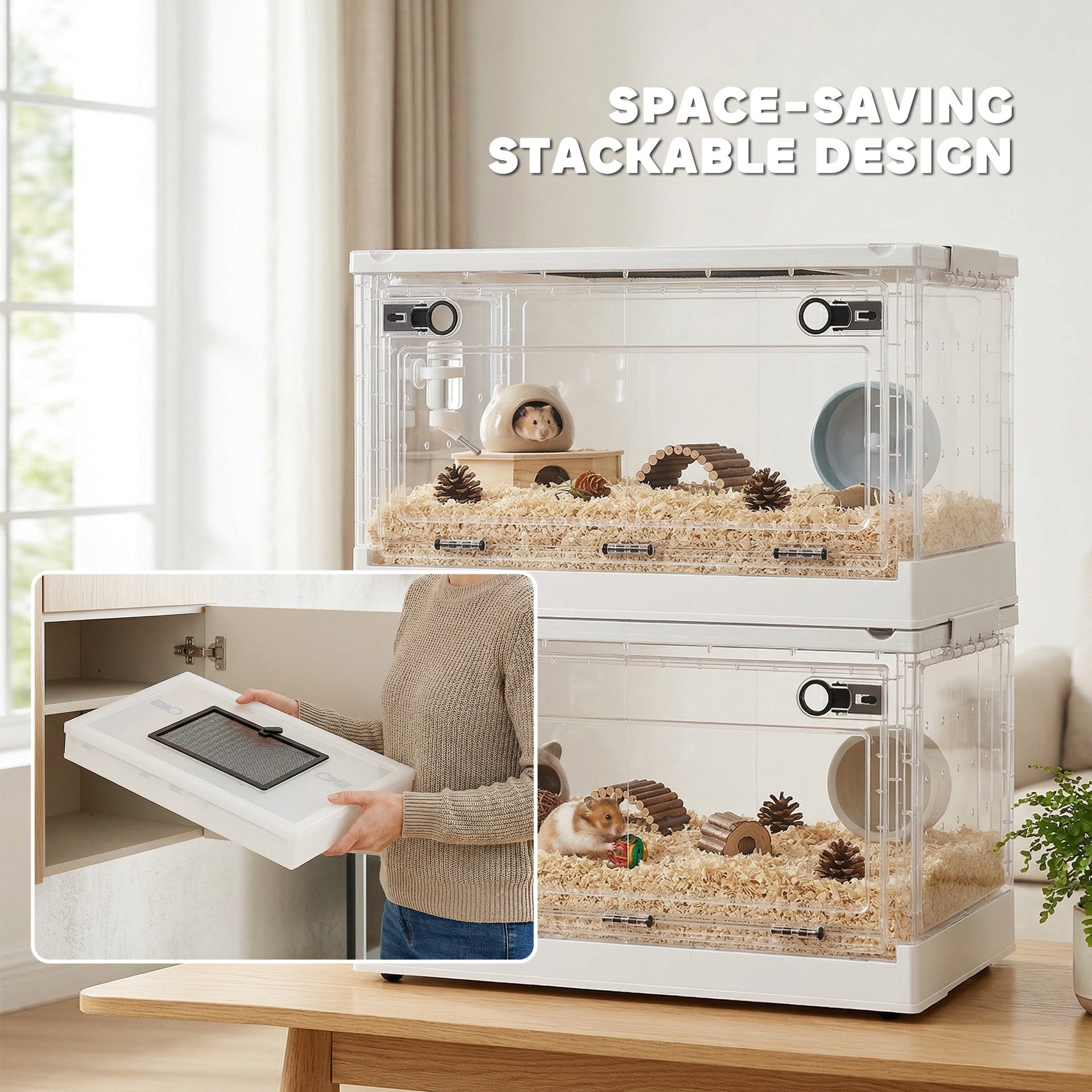 PawHut Hamster Cage, Stackable Gebril Cage with Front Door, Ventilated Small Animal Habitat for Dwarf Hamsters, Gerbils, Mice