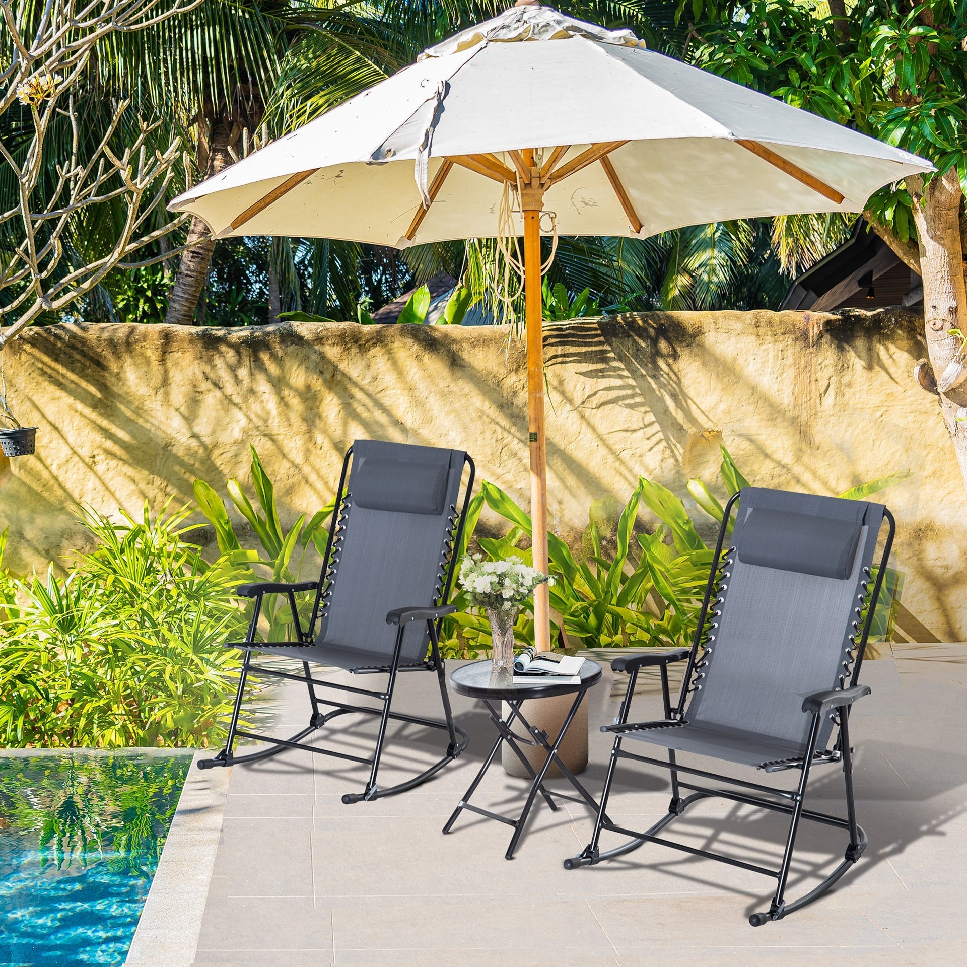Outsunny Outdoor Folding Rocking Chair Patio Table Seating Set, 2 Rocking Chairs with Armrests and 1 Side Table with Tempered Glass - Gray