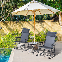 Outsunny Outdoor Folding Rocking Chair Patio Table Seating Set, 2 Rocking Chairs with Armrests and 1 Side Table with Tempered Glass - Gray