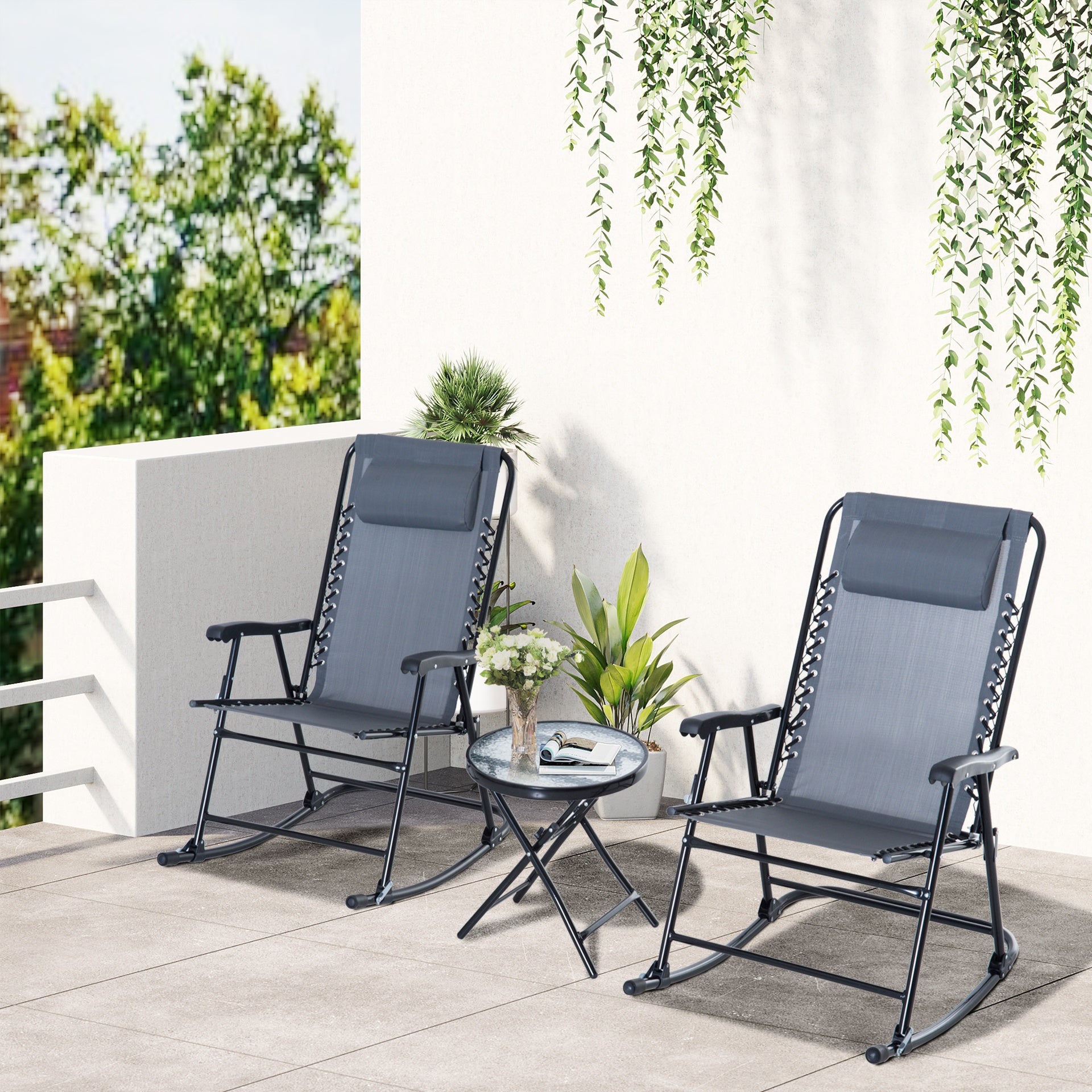 Outsunny Outdoor Folding Rocking Chair Patio Table Seating Set, 2 Rocking Chairs with Armrests and 1 Side Table with Tempered Glass - Gray