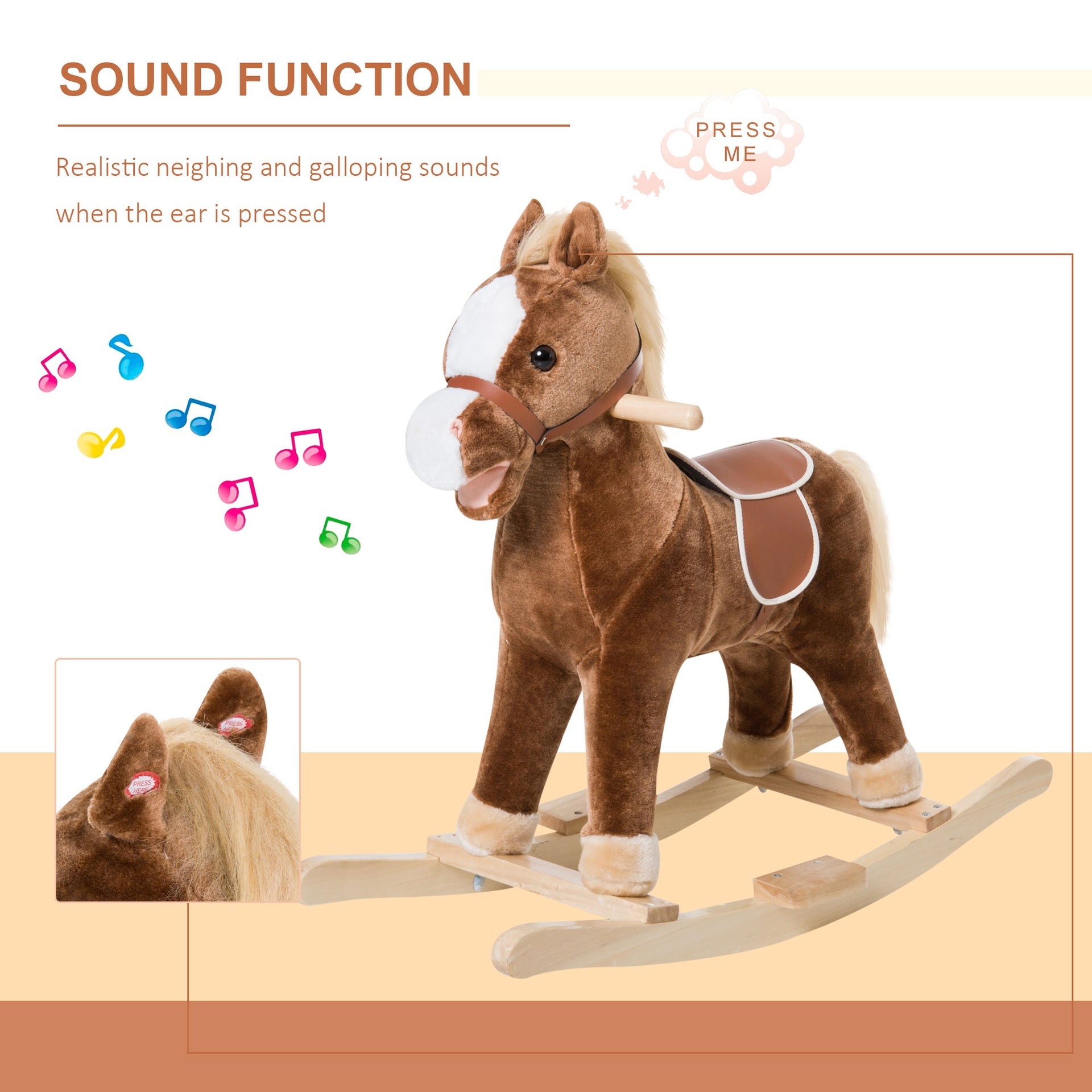 Qaba Kids Ride on Rocking Horse Toddler Plush Toy with Realistic Sounds for 3 Years Old Children - Brown