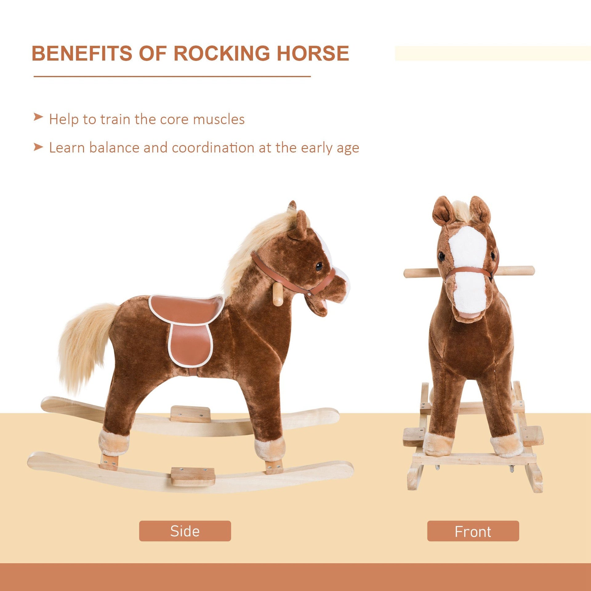 Qaba Kids Ride on Rocking Horse Toddler Plush Toy with Realistic Sounds for 3 Years Old Children - Brown