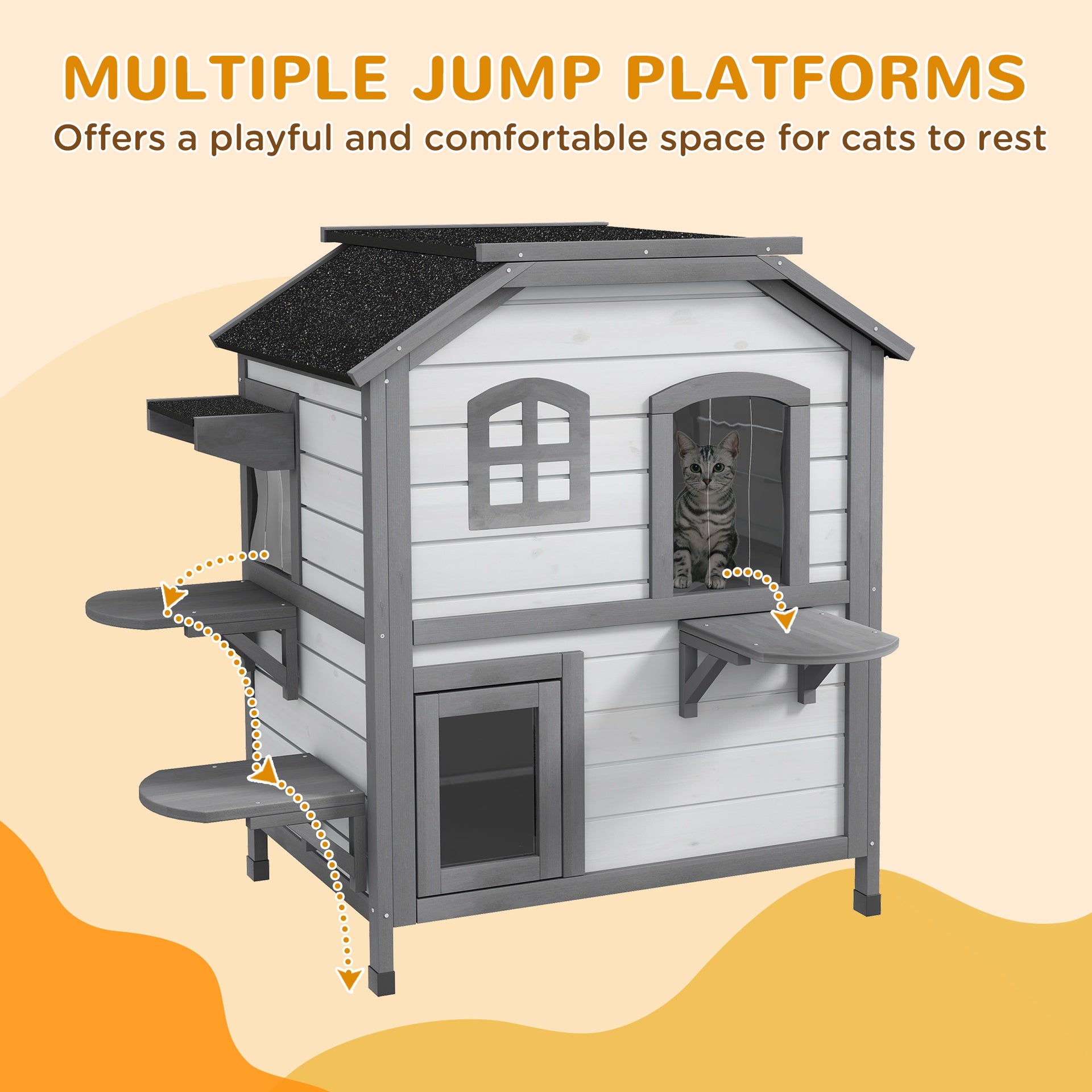 PawHut Wooden 2-Story Outdoor Cat House, Feral Cat Shelter Kitten Condo with Openable Asphalt Roof and 4 Platforms, White