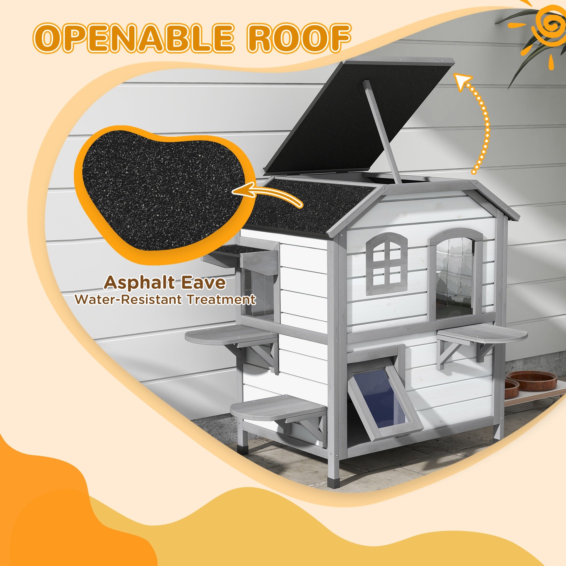 PawHut Wooden 2-Story Outdoor Cat House, Feral Cat Shelter Kitten Condo with Openable Asphalt Roof and 4 Platforms, White
