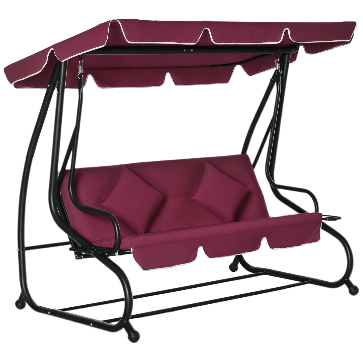 Outsunny 3-Seat Outdoor Patio Swing Chair, Converting Flatbed, Outdoor Swing Glider with Adjustable Canopy, Removable Cushion and Pillows, for Porch, Garden, Poolside, Backyard, Red