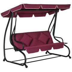 Outsunny 3-Seat Outdoor Patio Swing Chair, Converting Flatbed, Outdoor Swing Glider with Adjustable Canopy, Removable Cushion and Pillows, for Porch, Garden, Poolside, Backyard, Red