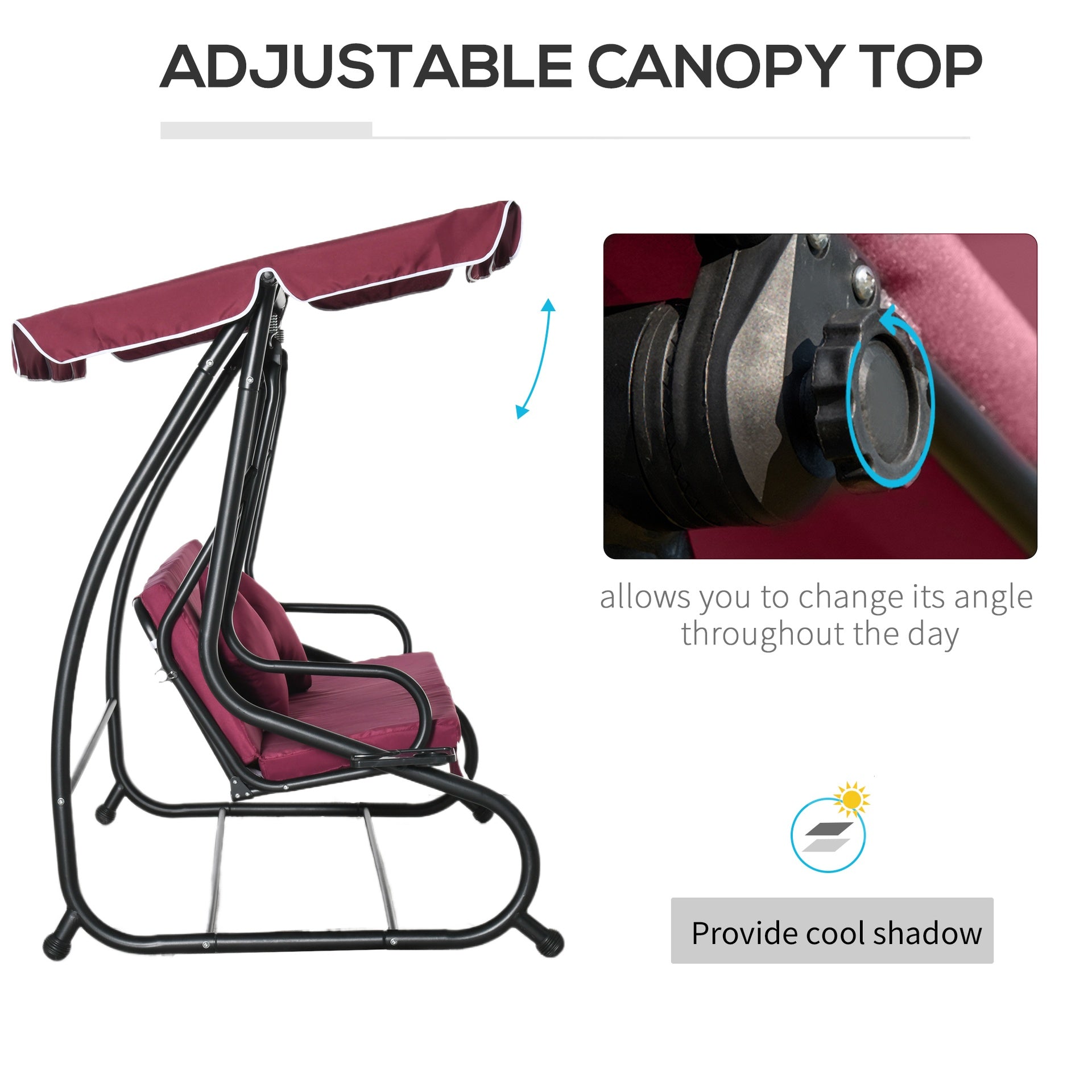 Outsunny 3-Seat Outdoor Patio Swing Chair, Converting Flatbed, Outdoor Swing Glider with Adjustable Canopy, Removable Cushion and Pillows, for Porch, Garden, Poolside, Backyard, Red