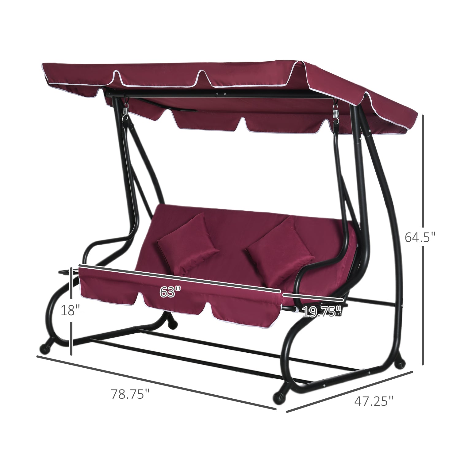 Outsunny 3-Seat Outdoor Patio Swing Chair, Converting Flatbed, Outdoor Swing Glider with Adjustable Canopy, Removable Cushion and Pillows, for Porch, Garden, Poolside, Backyard, Red