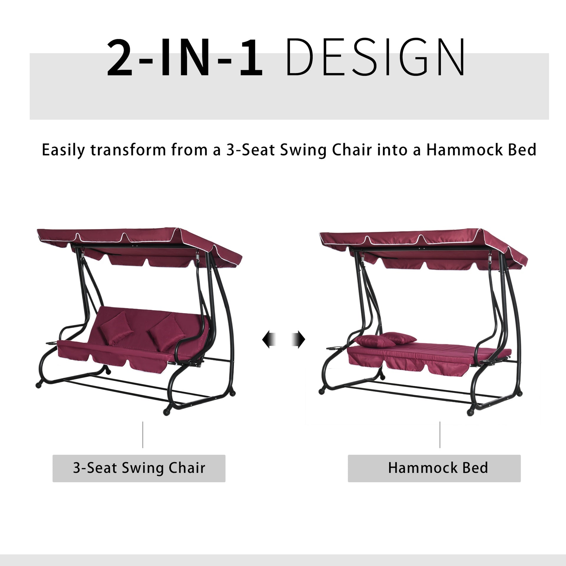 Outsunny 3-Seat Outdoor Patio Swing Chair, Converting Flatbed, Outdoor Swing Glider with Adjustable Canopy, Removable Cushion and Pillows, for Porch, Garden, Poolside, Backyard, Red