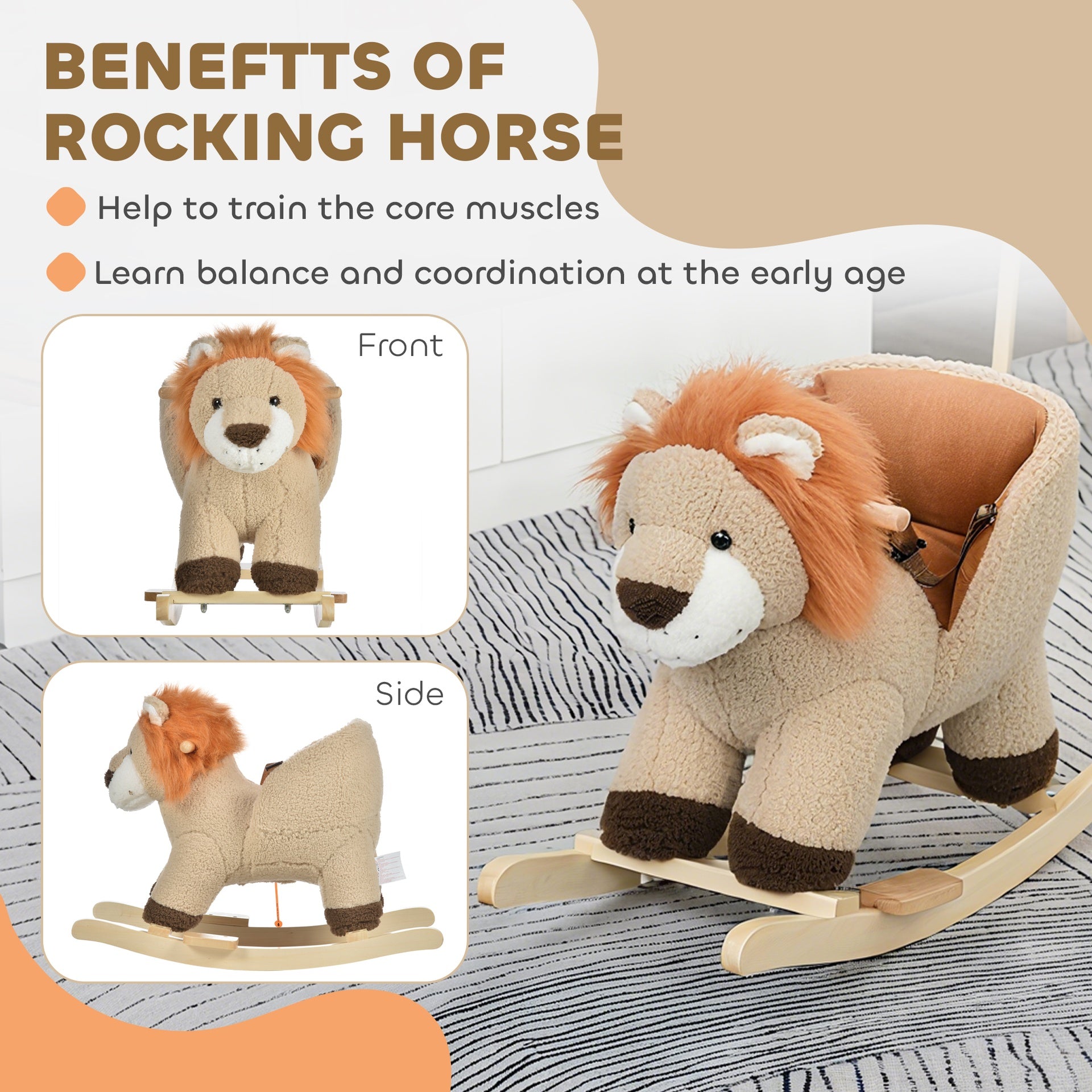 Qaba Baby Rocking Horse Lion with Sound, Plush Stuffed Rocking Animals, Wooden Rocking Horse with Seat Belt for 18-36 Months Boys and Girls Gift, Brown