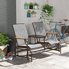 Outsunny Outdoor 2-Person Glider Bench, Outside Glider Swing Chair Loveseat with Table, Steel Frame, Gray