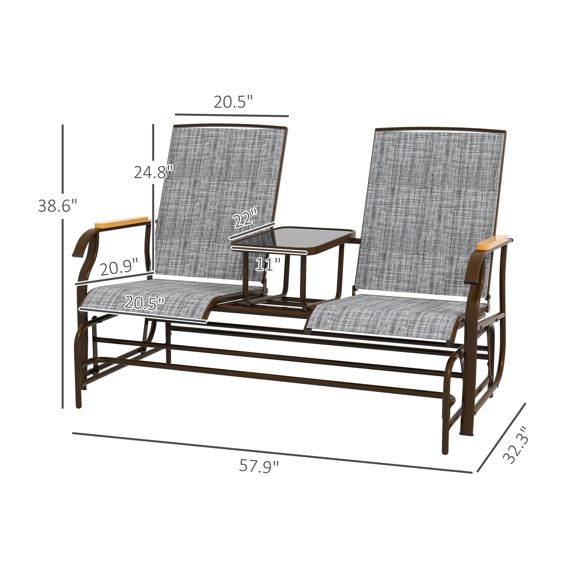 Outsunny Outdoor 2-Person Glider Bench, Outside Glider Swing Chair Loveseat with Table, Steel Frame, Gray