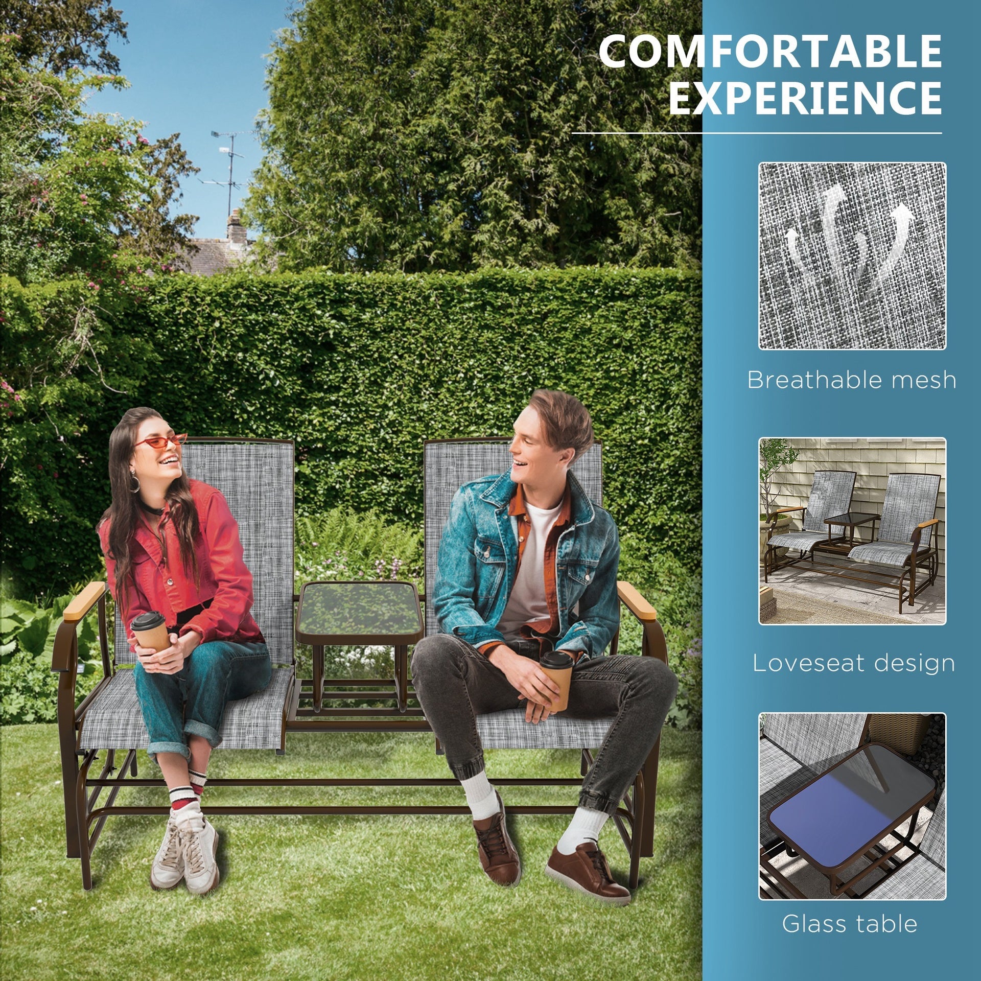 Outsunny Outdoor 2-Person Glider Bench, Outside Glider Swing Chair Loveseat with Table, Steel Frame, Gray