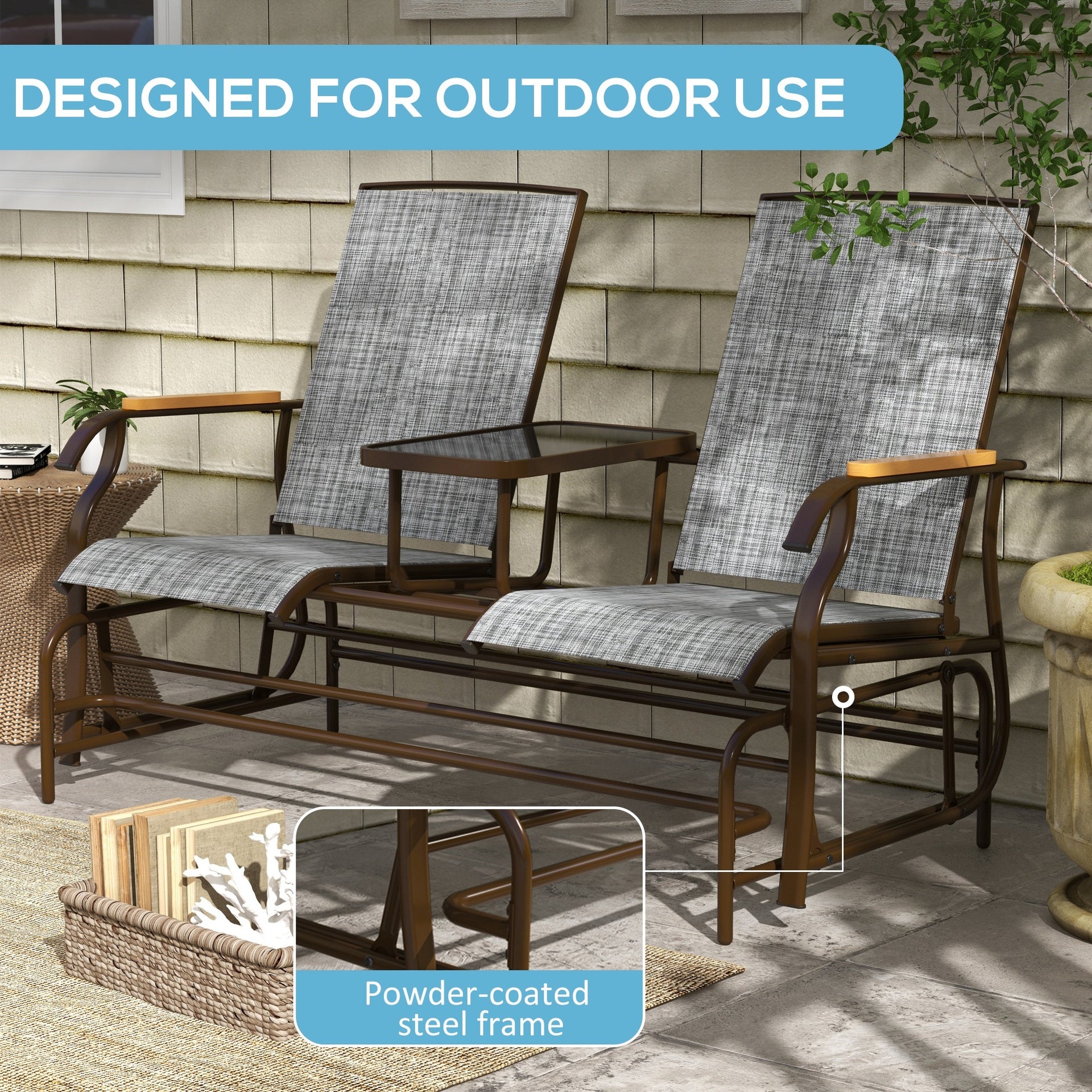 Outsunny Outdoor 2-Person Glider Bench, Outside Glider Swing Chair Loveseat with Table, Steel Frame, Gray