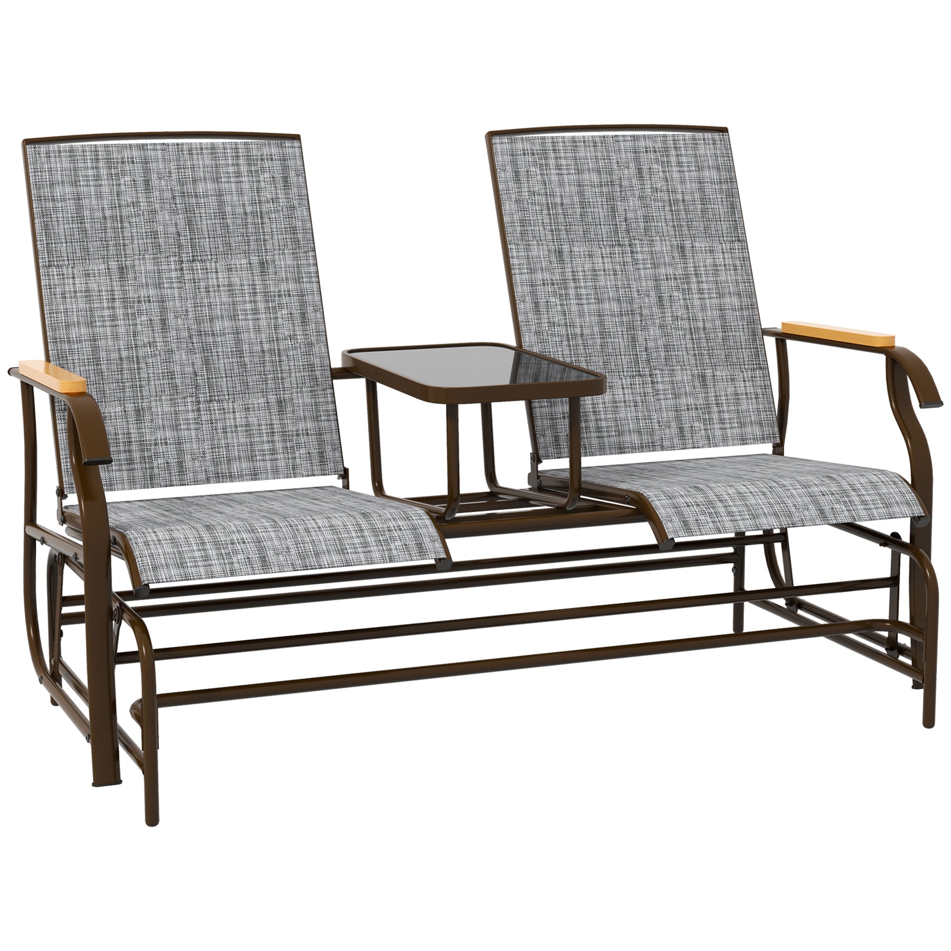 Outsunny Outdoor 2-Person Glider Bench, Outside Glider Swing Chair Loveseat with Table, Steel Frame, Gray