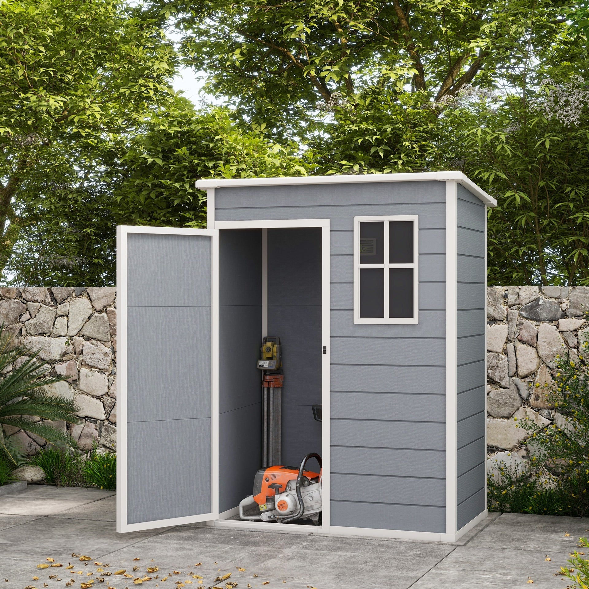 Outsunny Resin Garden Shed, 5'x3' Outdoor Storage Shed with Lock, Window, Vent, Utility Tool Shed for Backyard, Patio, Gray