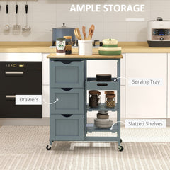 HOMCOM Rolling Kitchen Cart, Kitchen Island with Wood Top, Shelves & Drawers for Dining Area, Gray